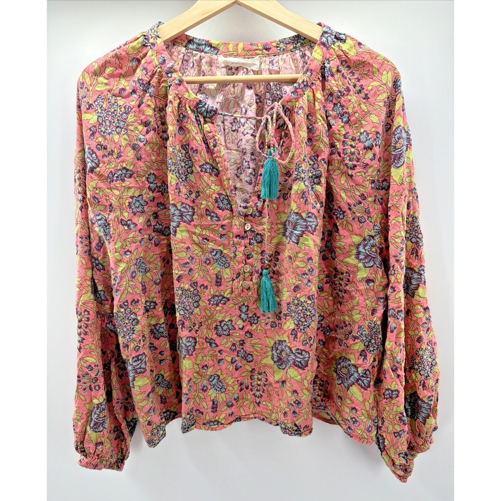 Natural Life Shirt Rowan Floral Tie Neck Blouse Women Size XL Boho Oversized